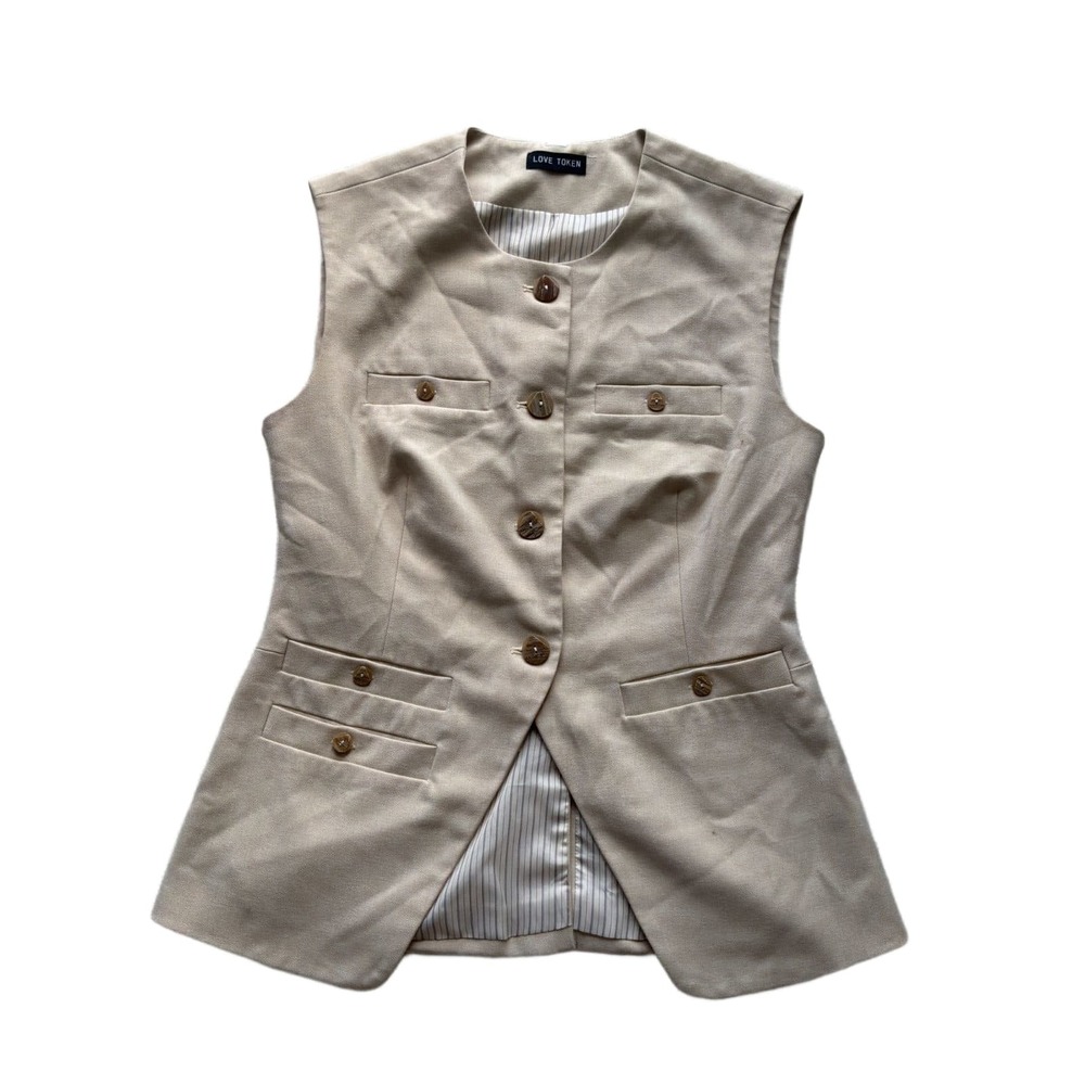 Love Token Womens Beige Button Front Vest Lined Sleeveless Pocket Waistcoat